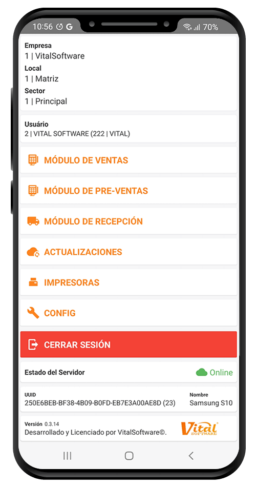 Vista principal de la aplicación móvil de gestión empresarial