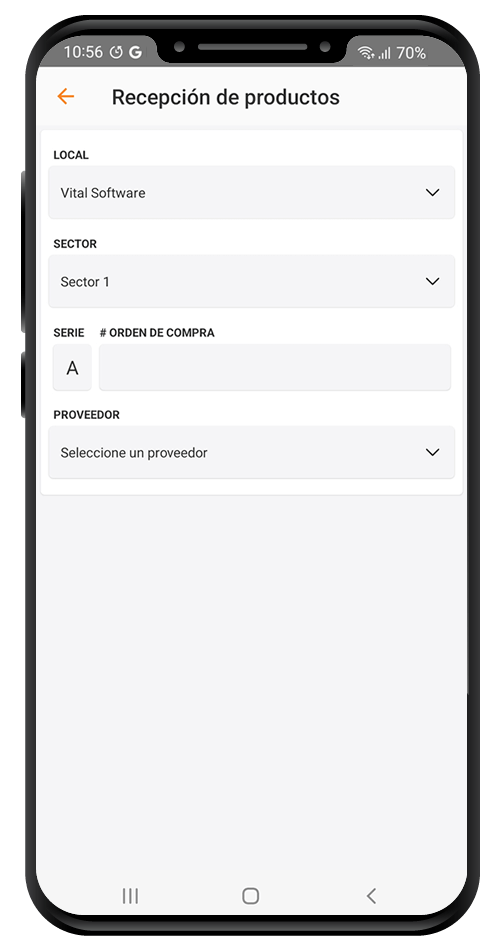 Interfaz de la aplicación mostrando el registro de recepción de productos