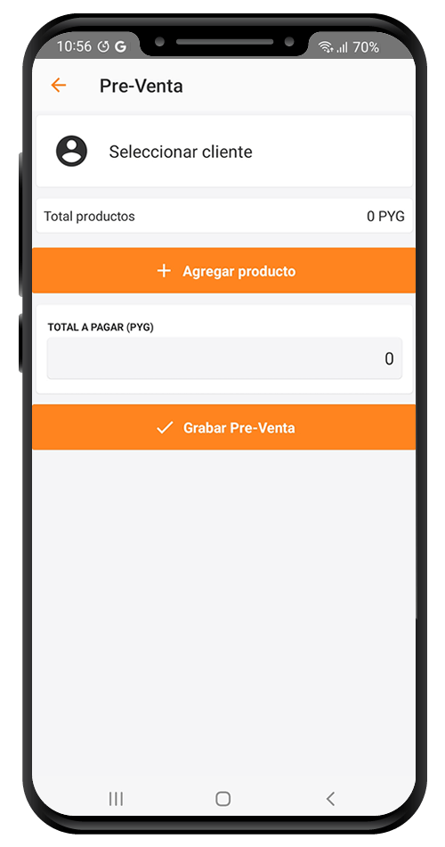 Pantalla de la aplicación móvil utilizada para registrar pre ventas