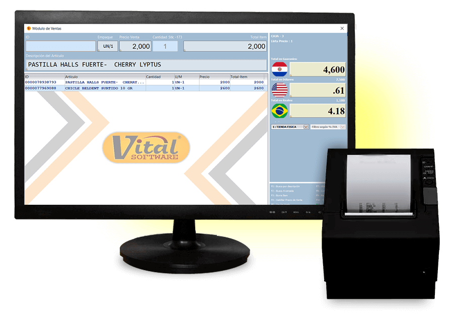 Monitor mostrando el sistema de caja y una impresora térmcia