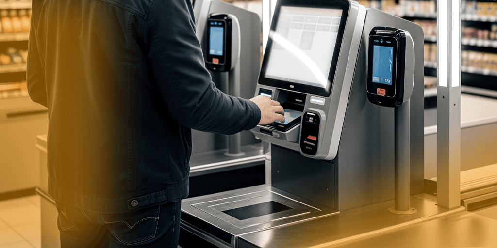 Cliente usando caja de autoservicio para escanear sus productos