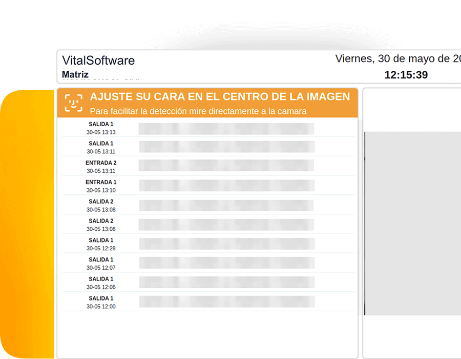 Interfaz del sistema de gestión empresarial mostrando el panel Marcación Facial y los horarios de los empleados